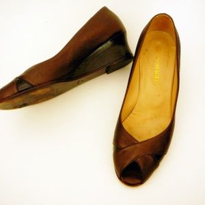 Dark Brown Metallic Peep Toes Pumps Low Wedge Heel